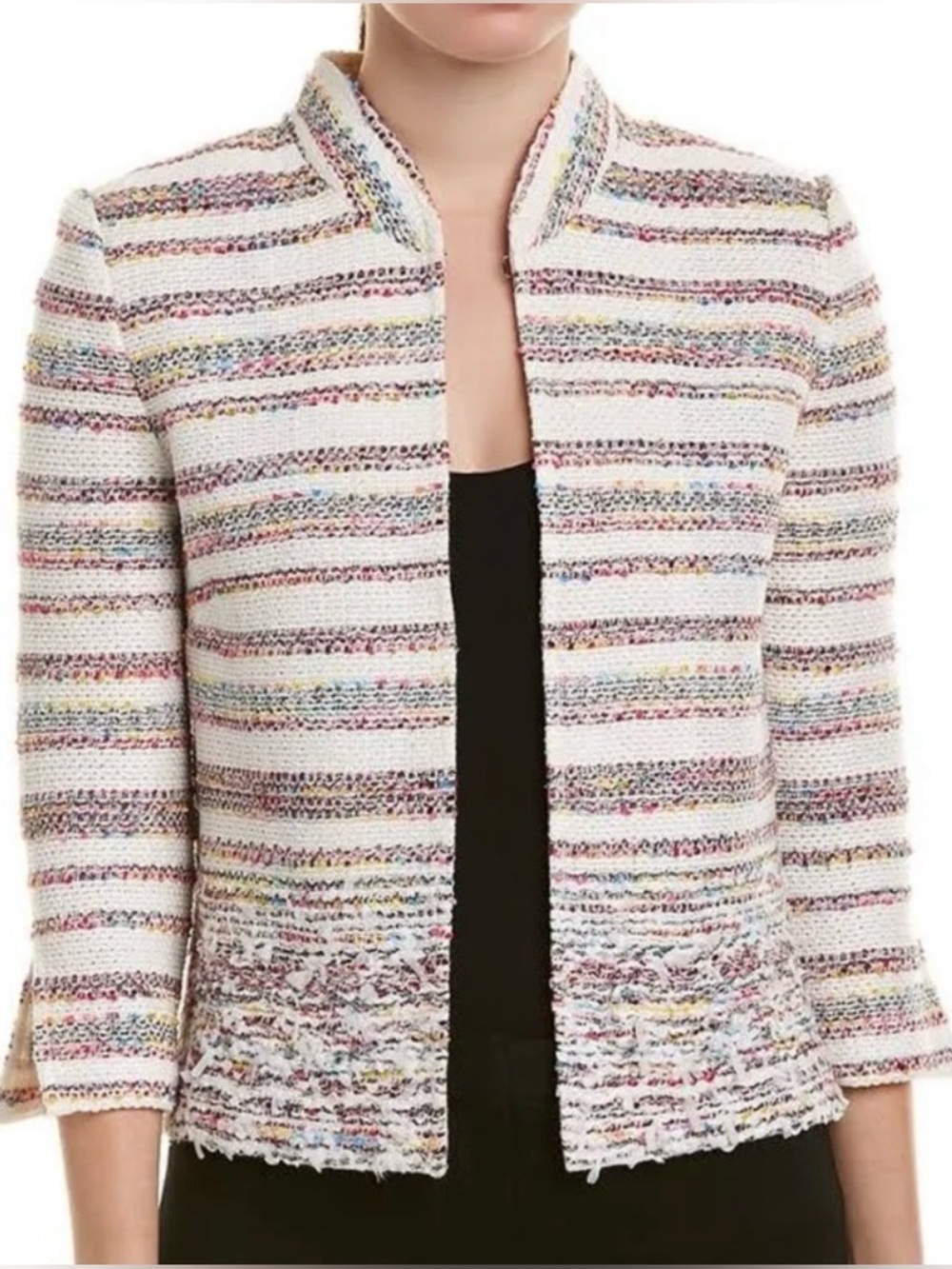 ST. JOHN FLAG TWEED KNIT JACKET IN CREAM MULTI, SIZE 0.